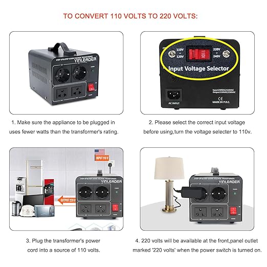 Yinleader 110V to 220V Voltage Converter Transformer Step Up/Down 120V to 240V with 2 US&2 EU Outlets 1500W [110V US Power Cord Included Only, No 220V Cord]