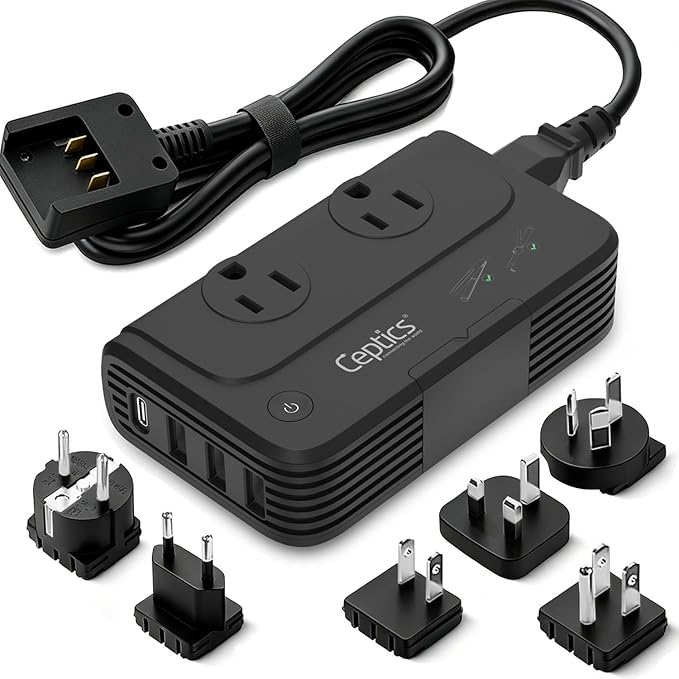 Ceptics - 6 in 1 Travel Adapter and Voltage Converter, 220V to 110V Converter with Surge Protection, Universal Adapter with Types A, C, G, I attachments & 4 USB PD 18W Fast Charging - Black