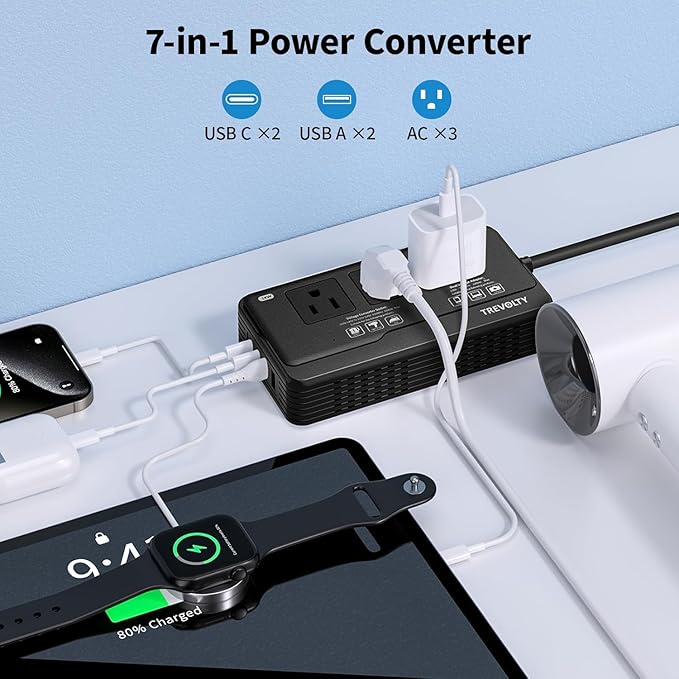 2000W Voltage Converter US to Europe for Hair Dryers, 7-in-1 220V to 110V Converter for European Travel with 3 AC/2 USBA/2 USBC Ports, Universal Power Converter Adapter Combo with EU/UK/IT/AU (Black)