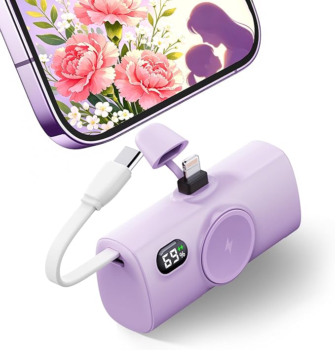 Mini Purple Power Bank Compatible for Lightning Port,100g 5000mah Small Portable Charger for iPhone 14 Plus/14/14 Pro Max,Battery Pack with Digital Display Compatible With iPhone 13/12/14 series