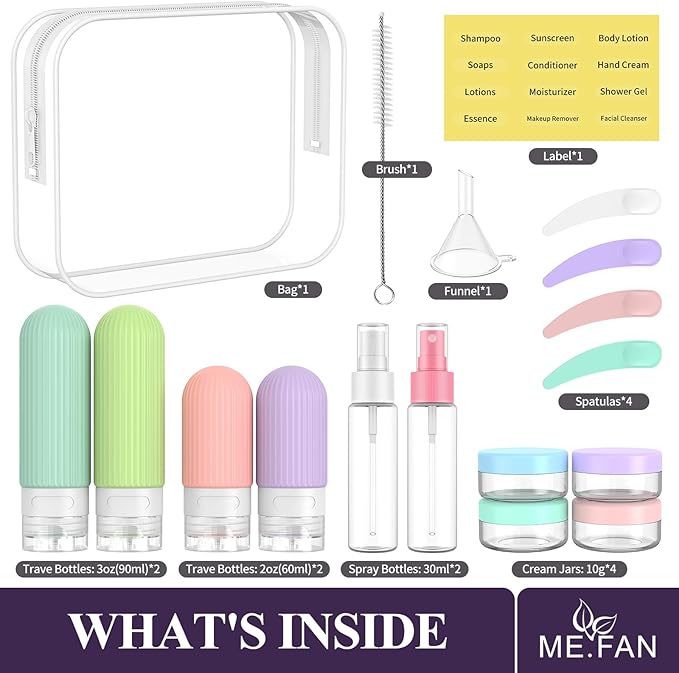 ME.FAN 18 Pack Travel Bottles for Toiletries, TSA Approved Silicone Portable Size Bottle, Refillable Cosmetic Container Kits for Conditioner, Shampoo, Lotion,Face Cream - Bright