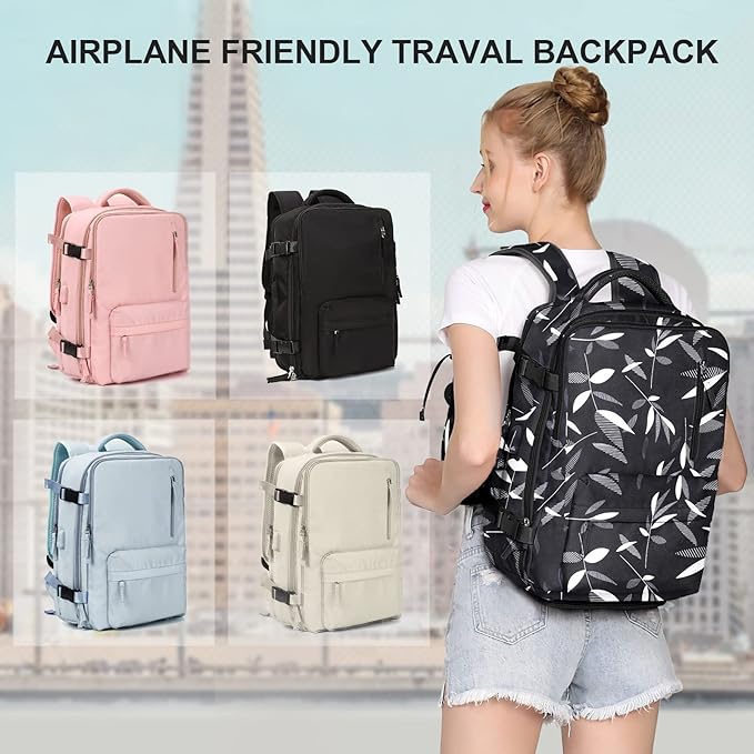 WONHOX Large Travel Backpack Women, Carry On Backpack,Hiking Backpack Waterproof Outdoor Sports Rucksack Casual Daypack Fit 14 Inch Laptop with USB Charging Port Shoes Compartment, Leaves Black