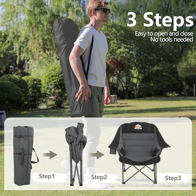Colegence Oversized Camping Chairs Set of 2, Padded Camping Chair Heavy Duty Lawn Chairs for Adults, XL Foldable Camp Chair for Outdoor Sports, Baseball, Wide Seat Support 450LBS - Black and Grey