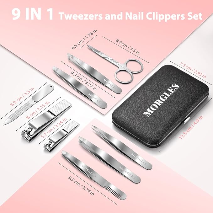 Tweezers and Nail Clipper Set with Case for Men Women, MORGLES 9 Pcs Professional Stainless Steel Tweezers No Gaps
