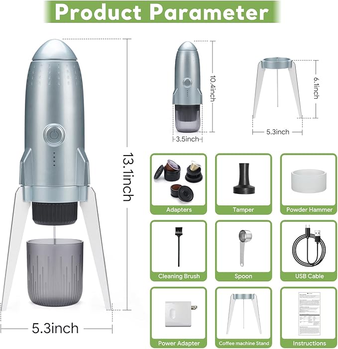 3 in 1 Portable Electric Espresso Machine On the Go with Detachable Coffee Stand, Car Coffee Maker Self-Heating with USB-C, For Travel Camping and Hiking With Ground Coffee & NES PRES*O/DG Pod