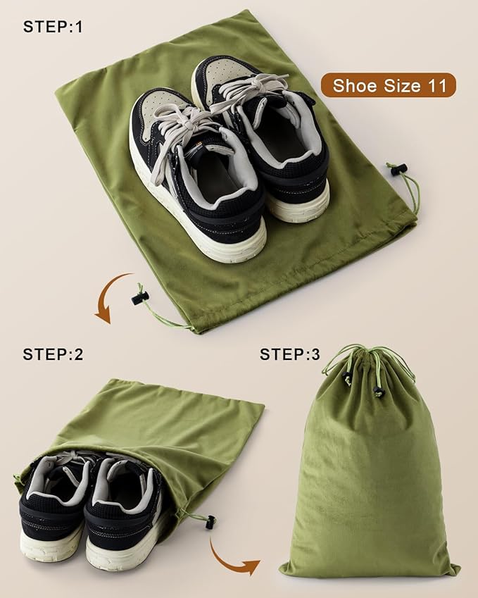 FantasyLife Shoe Bags for Travel, Washable Dust Bags for Storage & Packing, Flannel Shoe Pouch with Drawstring Closure for Purses, Handbags, Shoes & Toys (4, Sage Green, 17.3"x12.6")