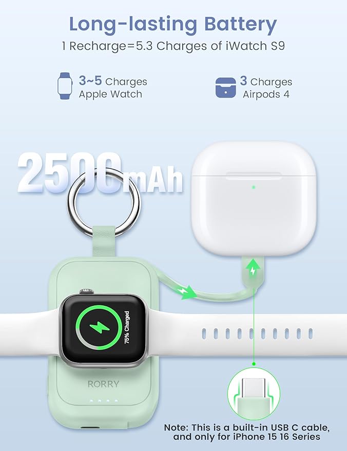RORRY CharmGo Charger for Apple Watch Series 10, 2500mAh Fast Charging Portable Charger for iWatch, Travel Charger with Built-in USB C Cable for Apple Watch Ultra Series 9 8 7 6 3 Accessories, Green
