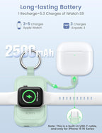 RORRY CharmGo Charger for Apple Watch Series 10, 2500mAh Fast Charging Portable Charger for iWatch, Travel Charger with Built-in USB C Cable for Apple Watch Ultra Series 9 8 7 6 3 Accessories, Green