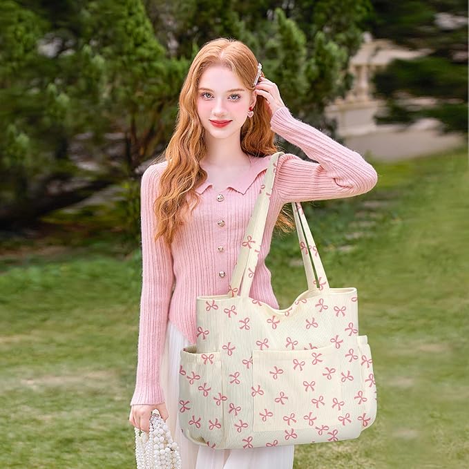 Corduroy Tote Bag for Women,Large Capacity Cute Tote Bags With 6 Pockets,Crossbody Shoulder Handbag for Work Travel Gym