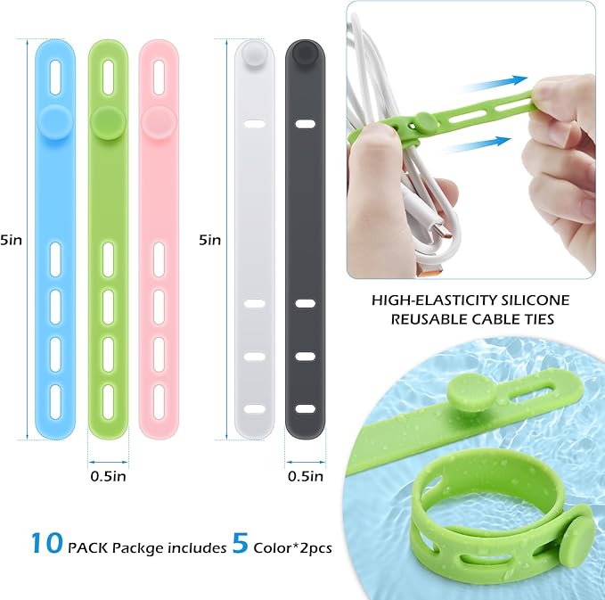 Silicone Cable Ties, Cord Organizer Ties, Cord Ties Reusable, Cord Wrap Cable Organizer 5Inch Cable Management 10 Pcs (5 Color) Cbfoeyk