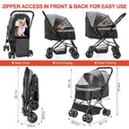 Lightweight Dog Stroller with Reversible Handle for Medium Small Dogs and Cats, Foldable Pet Stroller Travel Carriage with Large Storage Basket, 4 Wheels, Black
