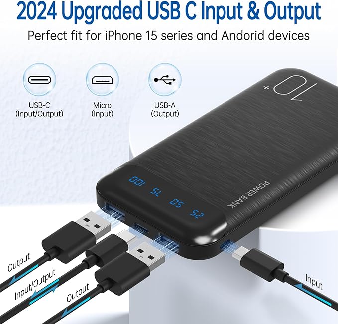 Power Bank 10000mAh Portable Charger Slim Battery Pack with 2 USB 2.4A Outputs and USB C In/Out Compatible with Huawei iPhone 16 15 14 13 12 iPad Samsung Galaxy S20 Android Tablet (Black + White)