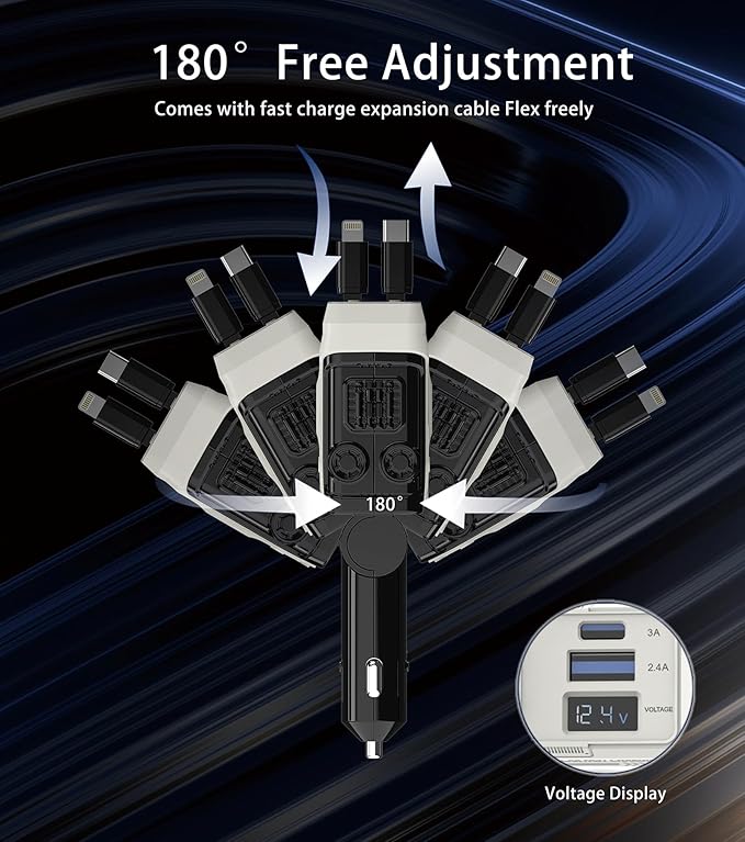 Retractable Car Charger, 4 in 1 Retractable Phone Charger with 66W Fast Charging, 2 Retractable Cables and 2 USB-C USB-A Port Compatible with iPhone 16/15/14/13/12/11, Samsung,Galaxy,Pixel (White)