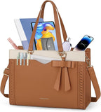 RAINSMORE Laptop Bag for Women 15.6 Inch Work Tote Bag with Detachable Strap & Bow Professional Laptop Tote with Cup Holder