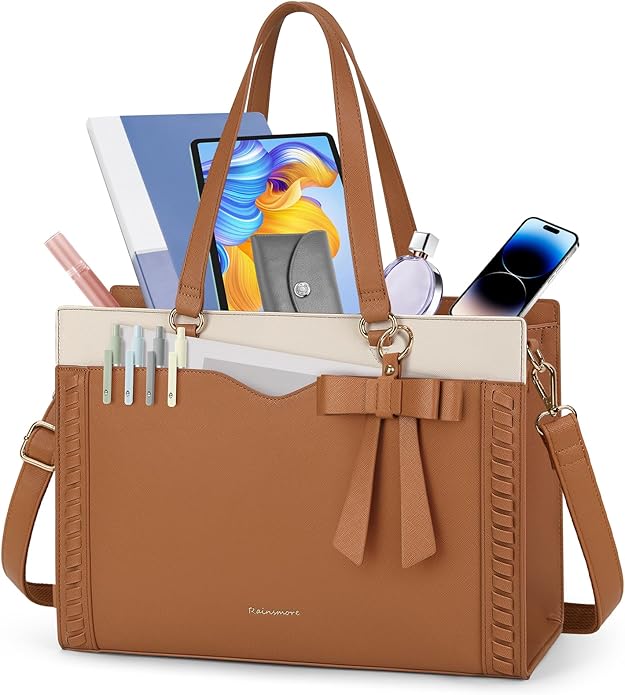 RAINSMORE Laptop Bag for Women 15.6 Inch Work Tote Bag with Detachable Strap & Bow Professional Laptop Tote with Cup Holder