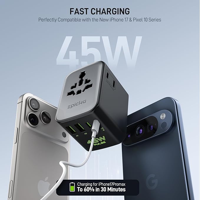 Epicka Pulse Duo 45W Universal Travel Adapter, International Power Adapter with PD & QC 3.0 Fast Charging for 2 Devices Simultaneously, European Travel Plug Adapter, Travel Essentials (Black)