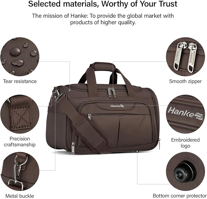 Hanke Large Capacity Travel Duffel Bag, Carry On Luggage with 12 Pockets, 17 Inch Laptop Compartment, Wet Dry Separation & Independent Shoe Bag, Lightweight Foldable Duffel Bag for Women Men（Coffee）