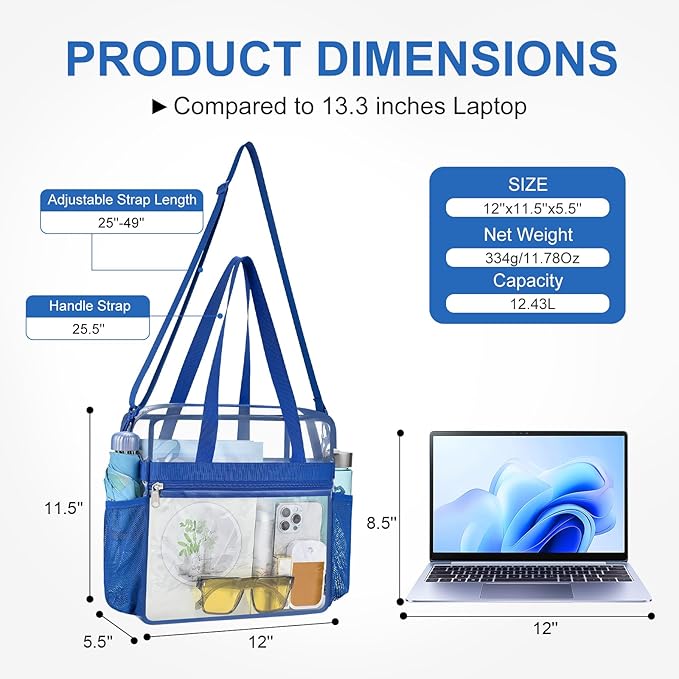 USPECLARE Clear Bag for Stadium Events,Transparent Bag for Work Sports Games Concerts Travel Gym