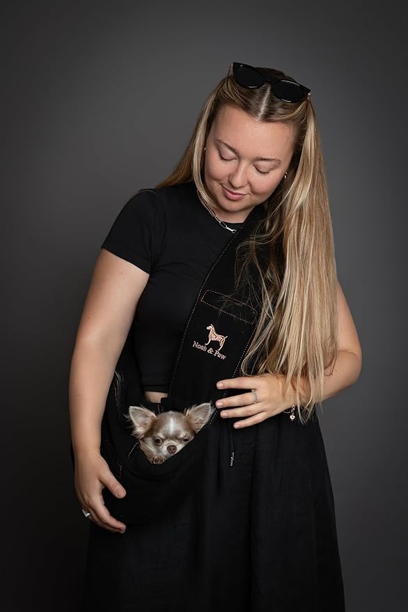 Noah & Paw Dog Sling Carrier for Small Dogs 3-10lb, Dog Sling for Small Dogs and Cats, Dog Carrier with Adjustable Padded Strap, Vegan Denim Lined with Fur, 3X Safety Features, Machine Washable
