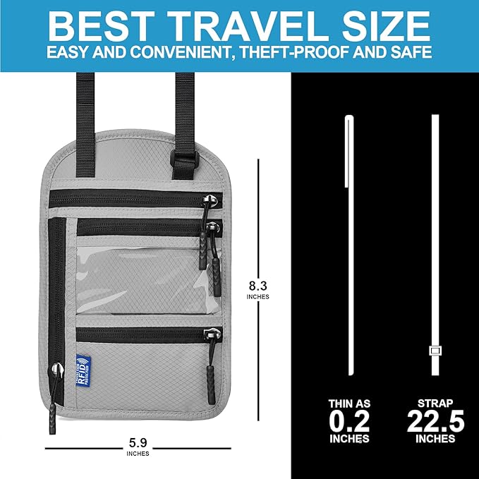 Neck Wallet with RFID Blocking - Hidden Travel Passport Holder Pouch | Concealed Under Clothing, Anti-Theft Security | Adjustable & Lightweight for Vacation, Airports