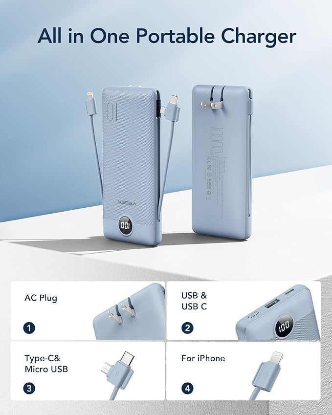 VEGER Portable Charger with Built-in AC Plug and Cables, All in One 10000mAh Ultra Slim Power Bank Travel Essentials, Fast Charging Battery Pack Compatible with iPhone, Samsung, Android (Blue)