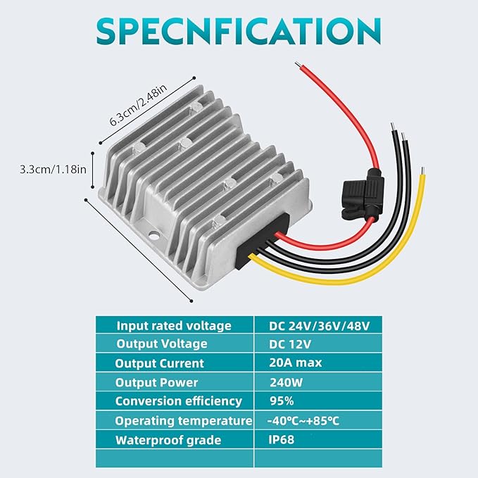KInuoxj 20A 240W DC-DC 24V 36V 48V Step Down to 12V Converter Golf Cart Voltage Reducer Regulator Waterproof Transformer with Fuse
