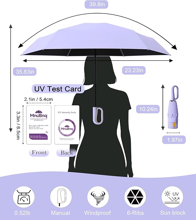 Mini Travel Umbrella with Carabiner Handle UPF 50+ Sun & Rain Protection Portable Manual Open Close Windproof Umbrella Small Compact Portable Parasol for Commuter Kids Women Men