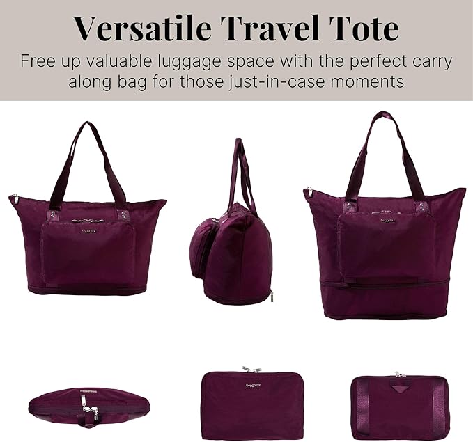 Baggallini Carryall Expandable Lightweight Travel Tote 22" Packable Folding Compact Nylon Washable Weekender w/Luggage Sleeve