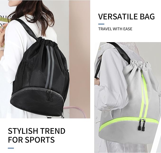 JELUTAR Drawstring Backpack Gym Bag with Shoes Compartment for Soccer, Basketball, Swim, Water-Resistant String Backpack Beach Cinch for Women Men, Grey