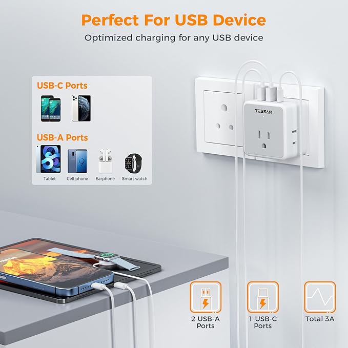 TESSAN European UK India Travel Plug Adapter Kit, International Detachable with 3 Outlet 3 USB(1 USB C), Type C/G/D EU Power Adaptor, US to Europe Italy Spain France Ireland Dubai Maldives