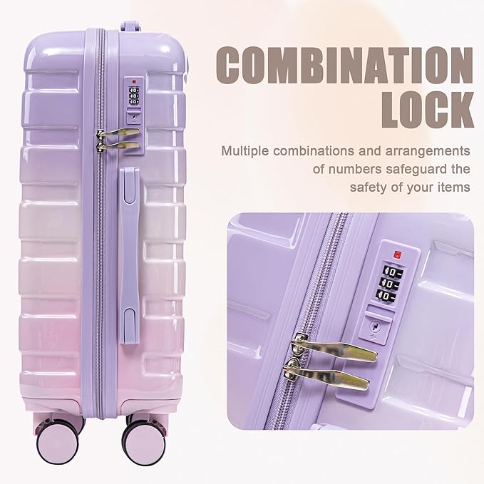 20 Inch Carry on Luggage with 14 Inch Cosmetic Case, 2 Pcs Hardshell Lightweight Durable Spinner Suitcase Set for Travel, Women, Men, TSA Lock, ABS, 20+14 Inch, Pink Purple