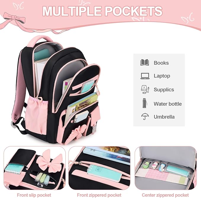 DIGOBAY Backpack for Girls, 3PCS Girls Backpack for School with Lunch Bag Pencil Case, Cute Kids Teens Bookbag for Kindergarten Elementary Preschool Middle School (Black-Pink)