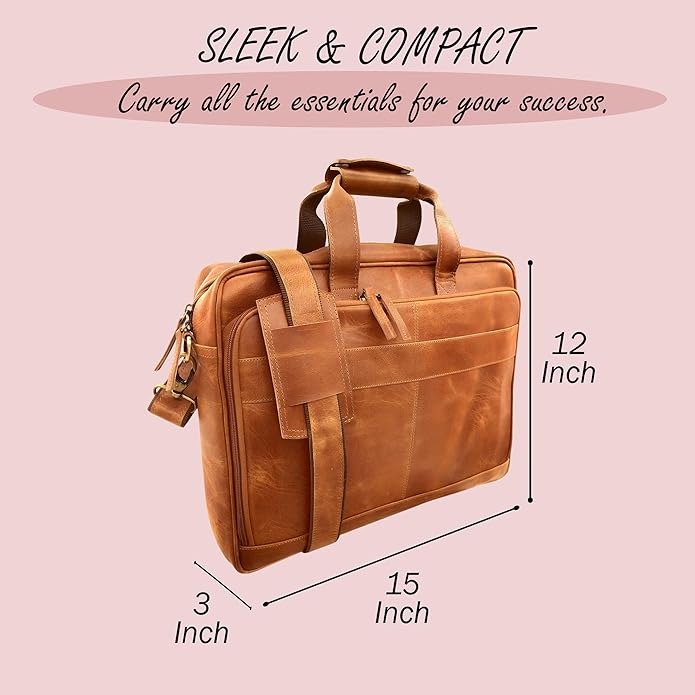 THE M&G BAGS Genuine Leather Messenger Bag for Men, Handmade Laptop Shoulder Bags with Zipper, Multiple Compartments Adjustable Strap, Crossbody Briefcase for Office College Travel -16 IN, Brown