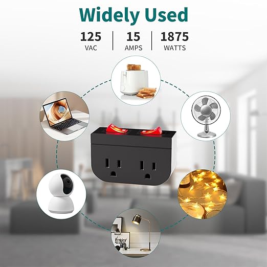 3Pack - POWAWINI Grounded Outlet with Double On Off Switch, Two Port Electrical Outlet Plug Switch, Wall Tap Adapter with Daul Red Indicator, 1875W,15A, ETL Listed (Black)