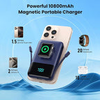 Magnetic Portable Charger for iPhone with Built-in Cable,10800mAh Wireless Power Bank for Magsafe Travel Essential,6-in-1 25W PD Fast Charging USB C Battery Pack for iPhone 17/16/15/14/13, Apple Watch