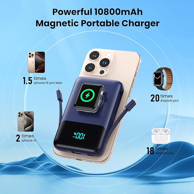 Magnetic Portable Charger for iPhone with Built-in Cable,10800mAh Wireless Power Bank for Magsafe Travel Essential,6-in-1 25W PD Fast Charging USB C Battery Pack for iPhone 17/16/15/14/13, Apple Watch