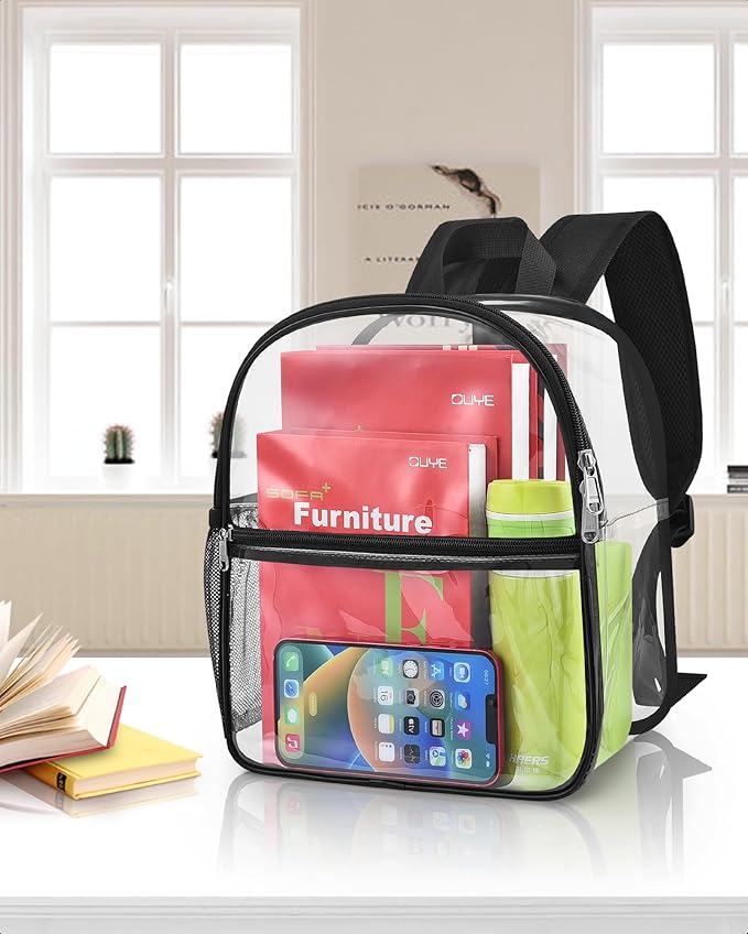 Paxiland Clear Backpack Stadium Approved 12×12×6 with Reinforced and Wider Shoulder Straps, Small Clear Bag for Schools, Concerts, Work, Festivals and Sporting Events - Black