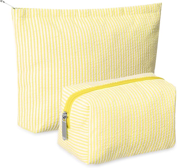Huhumy 2 Pcs Makeup Bag Set Cute Cosmetic Pouch for Women Seersucker Travel Toiletry Bag Preppy Small Makeup Purse Pouch Aesthetic Skincare Brushes Storage Organizer for Valentine Women(Yellow)
