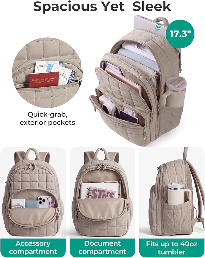 BAGSMART College Laptop Backpack, Travel Backpack for Women, Quilted Airline Approved Carry On Backpack Fits 17.3 Inch Laptop, Personal Item Travel Bag, Camel