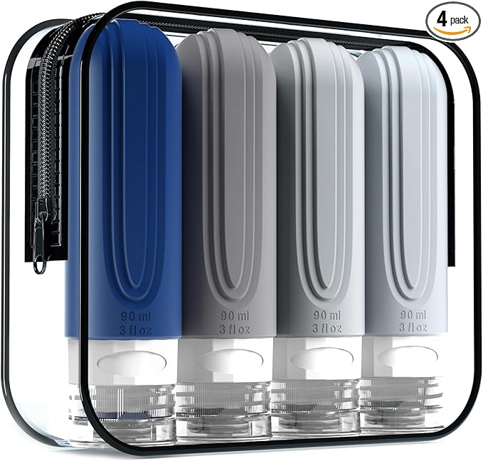 Mrsdry Travel Bottles for Toiletries, Tsa Approved 3oz Travel Size Containers BPA Free Leak Proof Refillable Liquid Silicone Squeezable Travel Accessories for Shampoo Conditioner Lotion (4 Pack)…
