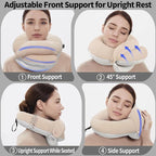 BUYUE Travel Neck Pillows for Airplanes, Memory Foam 360° Head Support Sleep for Long Flight, Skin-Friendly & Breathable, Kit with Eye Mask, Earplugs and Storage Bag (Adult, Beige, 90+ lbs)