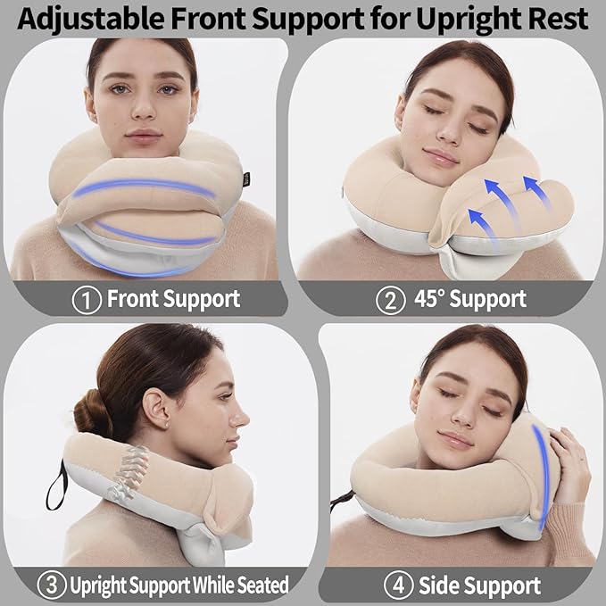 BUYUE Travel Neck Pillows for Airplanes, Memory Foam 360° Head Support Sleep for Long Flight, Skin-Friendly & Breathable, Kit with Eye Mask, Earplugs and Storage Bag (Adult, Beige, 90+ lbs)