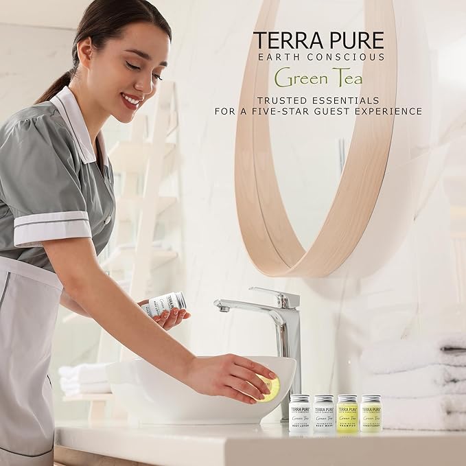 Terra Pure Hotel Soaps and Toiletries Bulk Set | 1-Shoppe All-In-Kit Amenities for Hotels | 1oz Hotel Shampoo & Conditioner, Body Wash, Body Lotion & 1.25oz Bar Soap Travel Size Toiletries | 75 Pieces