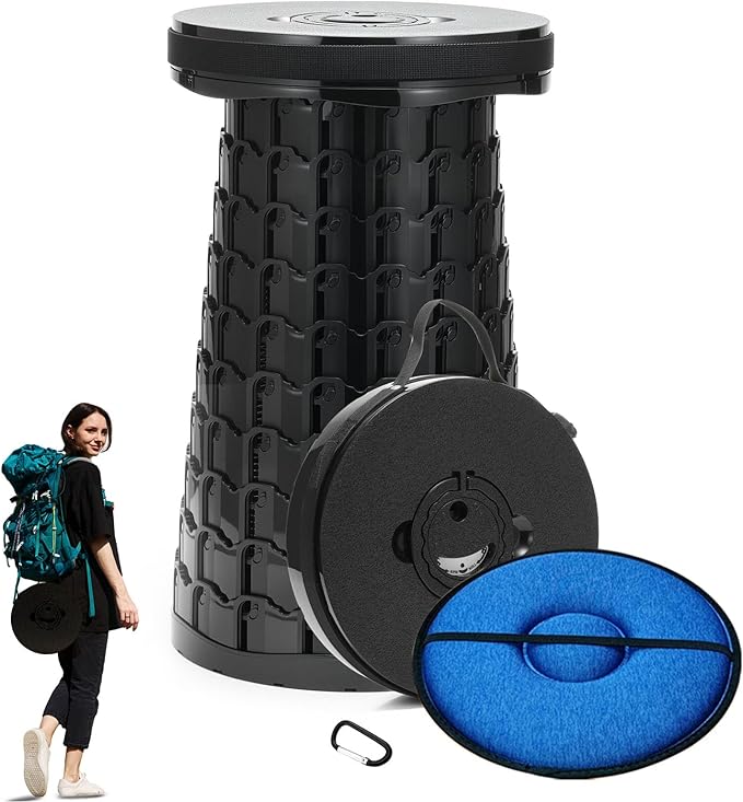 Spisces Upgraded Collapsible Stool with Cushion, 1000 lbs Capacity & 19.7-in High, Wider & Taller Heavy Duty Portable Telescoping Foldable Seat for Adults Camping, Travel, Music Festivals, Outdoors