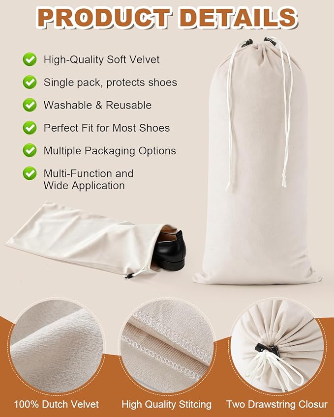 2 Pcs Single Shoe Bags for Travel, 17.3"x8.6" Washable Travel Shoe Bags for Packing in Suitcase, Velvet Dust Bag with Drawstring, Shoe Pouch for Women and Men, Travel and Home Storage (Beige)