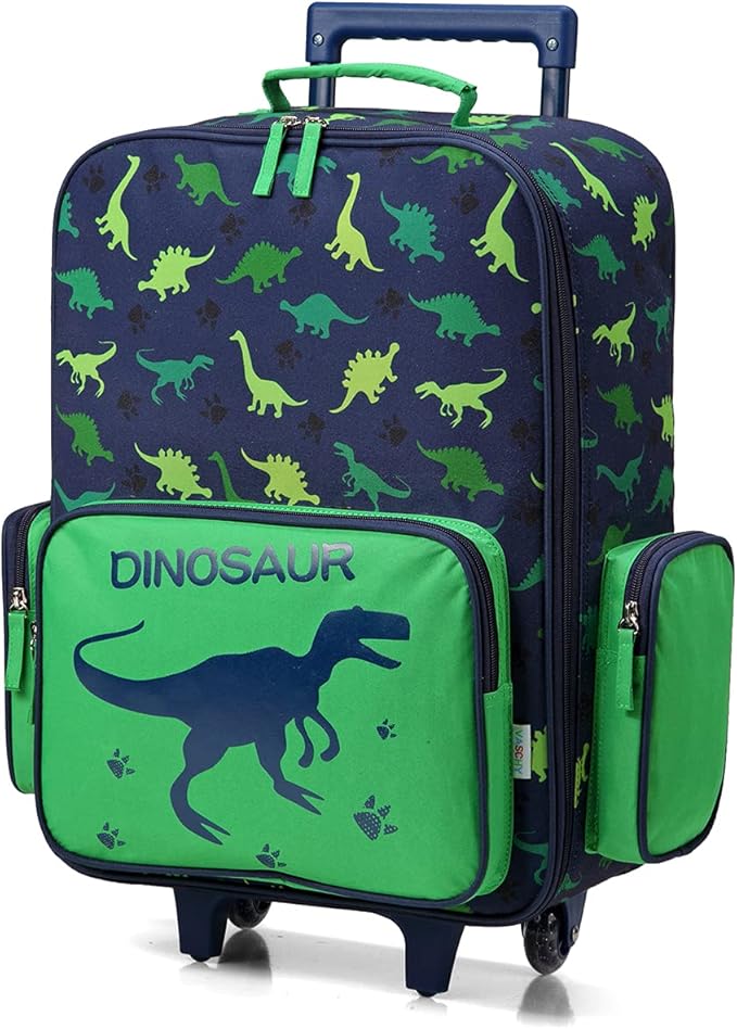 VASCHY Rolling Luggage for Kids, Cute Travel Carry on Suitcase for Boys Toddlers/Children with Wheels 18inch Dinosaur