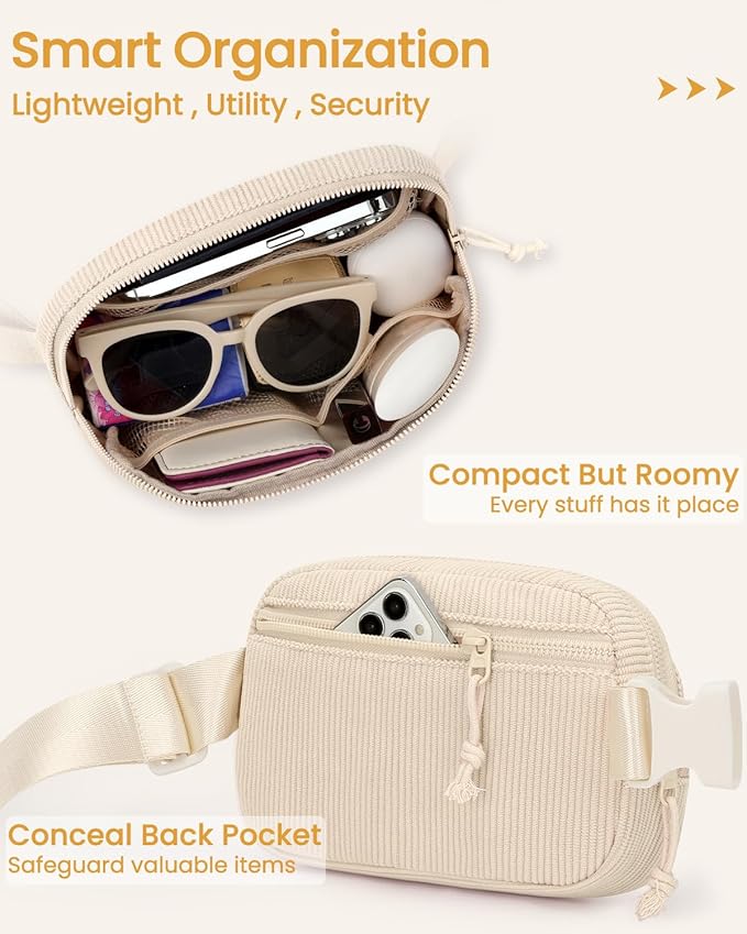Vankor Beige Fanny Packs for Women Corduroy, Cute Beige Belt Bag for Women Crossbody Stylish Waist Pack Purse for Travel, Hiking, Workout, Running