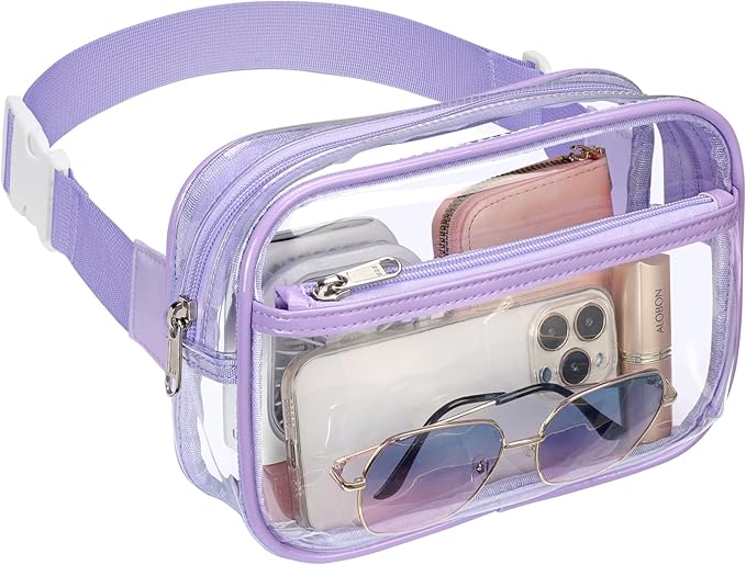 Veckle Clear Fanny Pack Stadium Approved - Plus Size 35-51 Inch Adjustable Strap Transparent Belt Bag for Women Men Fits 7.5" Smartphone, Crossbody Clear Bag for Stadium Events Sports Concerts, Purple