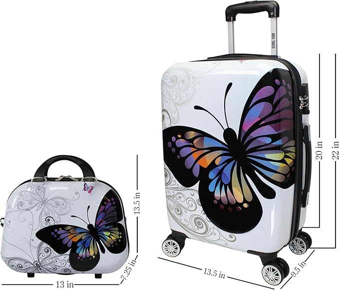 World Traveler VentureX Airline Approved 2-Piece Carry-On Luggage Set – Lightweight Hardside Polycarbonate Suitcase with Spinner Wheels - Butterfly