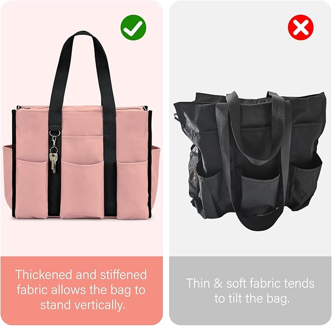 Becokan Large Tote Bag for Women Waterproof with 12 Pockets Top Zipper Closure Utility Teacher Nurse Bags for Work School